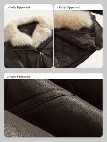 Anewsta Women Oversized Faux Fur Collar Faux Leather Cropped Jacket - Brown - View 3