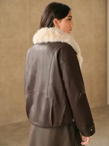 Anewsta Women Oversized Faux Fur Collar Faux Leather Cropped Jacket - Brown - View 7