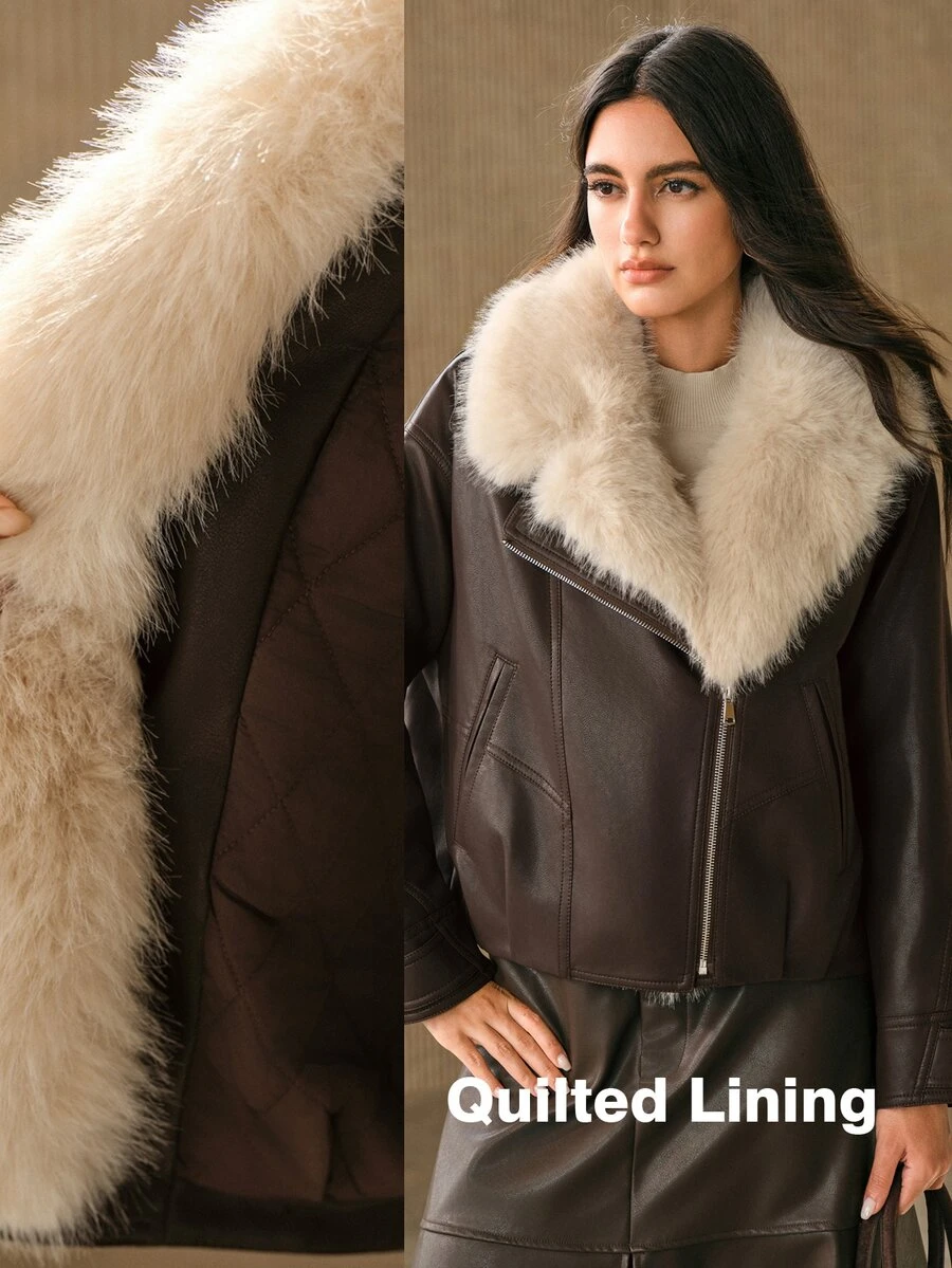Anewsta Women Oversized Faux Fur Collar Faux Leather Cropped Jacket - Brown - View 1