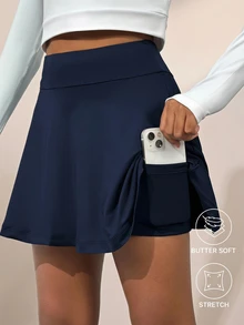 SHEIN 青少年女孩純色運動裙褲，附手機口袋，秋冬開學季，適合健身房、高爾夫、瑜伽、舞蹈、跑步，透氣彈性百褶設計 - 藏蓝色 - 查看 1