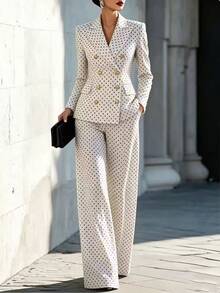 Penseblé Black White Polka Dot Suit 2 Pieces Set Matching Fabric Top Bottom Design Professional Elegant Commuter Style Retro Fashion Fall Dinner Office - Black and White - View 1
