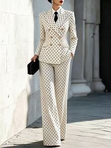 Penseblé Black White Polka Dot Suit 2 Pieces Set Matching Fabric Top Bottom Design Professional Elegant Commuter Style Retro Fashion Fall Dinner Office - Black and White - View 2