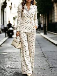 Penseblé Black White Polka Dot Suit 2 Pieces Set Matching Fabric Top Bottom Design Professional Elegant Commuter Style Retro Fashion Fall Dinner Office - Black and White - View 8