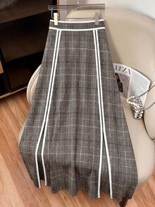 GlowEve CURVE Plus Size Women's Classic Wool Blend Contrast Color Loose A-Line Skirt, Elastic Waist Design, Suitable For Work And Daily Wear, Versatile For Autumn - Multicolor - View 4