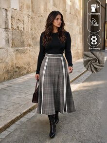 GlowEve CURVE Plus Size Women's Classic Wool Blend Contrast Color Loose A-Line Skirt, Elastic Waist Design, Suitable For Work And Daily Wear, Versatile For Autumn - Multicolor - View 7