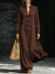Breezaya Women's Solid Color Chinese Style Frog Button Design Casual Daily Outing Vacation Dress - Brown - View 1