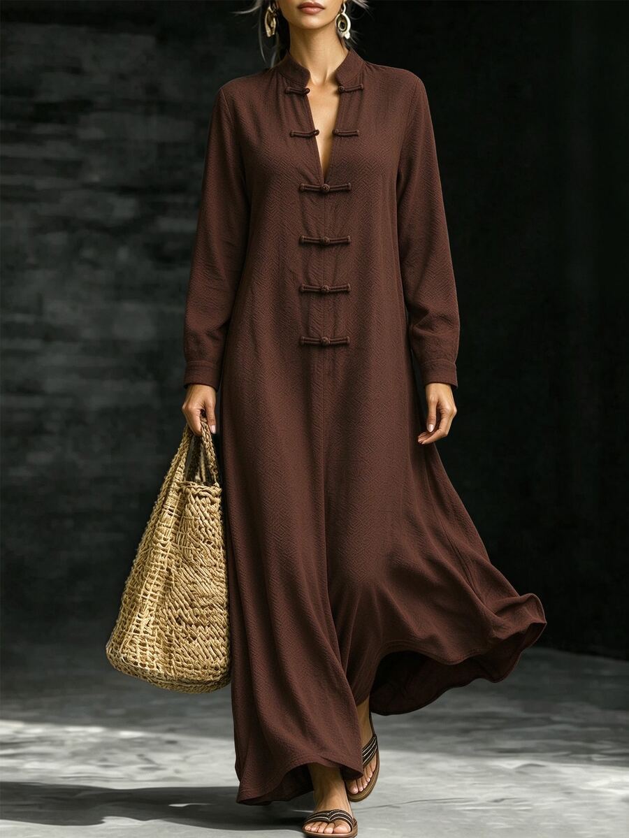 Breezaya Women's Solid Color Chinese Style Frog Button Design Casual Daily Outing Vacation Dress - Brown - View 1
