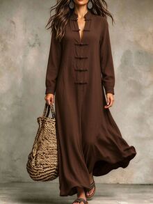Breezaya Women's Solid Color Chinese Style Frog Button Design Casual Daily Outing Vacation Dress - Brown - View 3