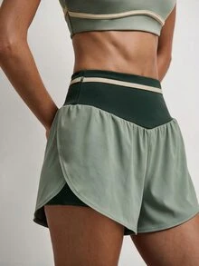 Nöista Women's Colorblock Daily Fitness Double Layer Sports Shorts - Army Green - View 1