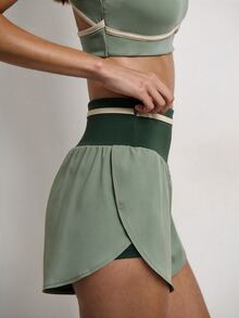 Nöista Women's Colorblock Daily Fitness Double Layer Sports Shorts - Army Green - View 5