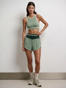 Nöista Women's Colorblock Daily Fitness Double Layer Sports Shorts - Army Green - View 3