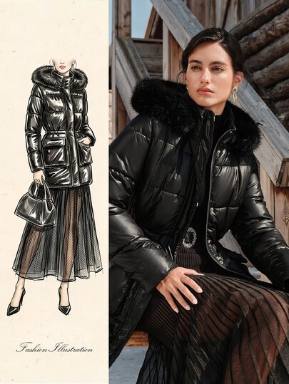 Anewsta Women's Autumn/Winter Mid-Length Black Fur Collar Hooded Waist-Cinching Drawstring Commuter Padded Coat