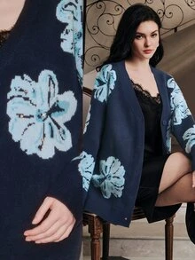 Anewsta Elegant Romantic Long Sleeve Fashionable Commuter Floral Rhinestone Studded Women's Open Front Blouse - Blue - View 1