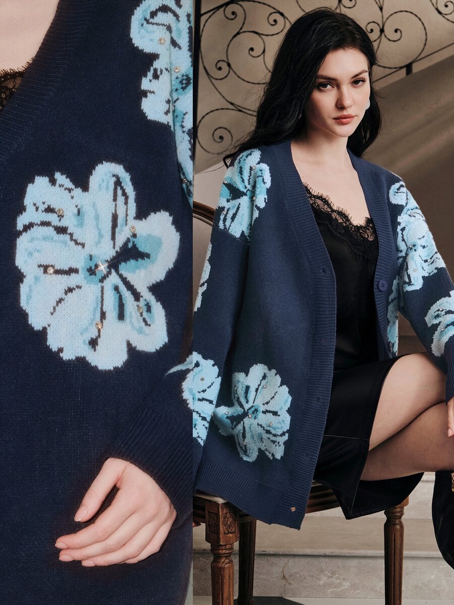 Anewsta Elegant Romantic Long Sleeve Fashionable Commuter Floral Rhinestone Studded Women's Open Front Blouse - Blue - View 1