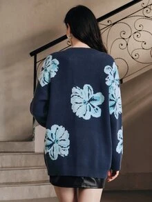 Anewsta Elegant Romantic Long Sleeve Fashionable Commuter Floral Rhinestone Studded Women's Open Front Blouse - Blue - View 7