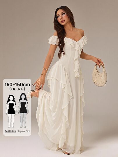 SHEIN PETITE Vestido Maxi Elegante e Doce em Tom Damasco com Decote em V e Detalhes de Folhos, Desenhado para Mulheres Pequenas