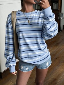 Muchica 女款藍色時尚條紋拼色圓領長袖衛衣，適合秋冬穿著 - 淺藍色 - 查看 1