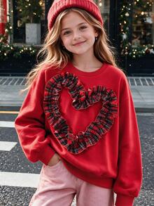Red Crew Neck Sweatshirt With Plaid Ruffle Heart Design, Strong Layered Effect. Loose Fit Dropped Shoulder Long Sleeve In Solid Red, Unique Eye-Catching Design, Full Of Girly Charm, Suitable For Daily Wear And Holiday Outings, Easily Create A Personalized Sweet And Cool Look. - Multicolor - View 8