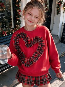 Red Crew Neck Sweatshirt With Plaid Ruffle Heart Design, Strong Layered Effect. Loose Fit Dropped Shoulder Long Sleeve In Solid Red, Unique Eye-Catching Design, Full Of Girly Charm, Suitable For Daily Wear And Holiday Outings, Easily Create A Personalized Sweet And Cool Look. - Multicolor - View 1