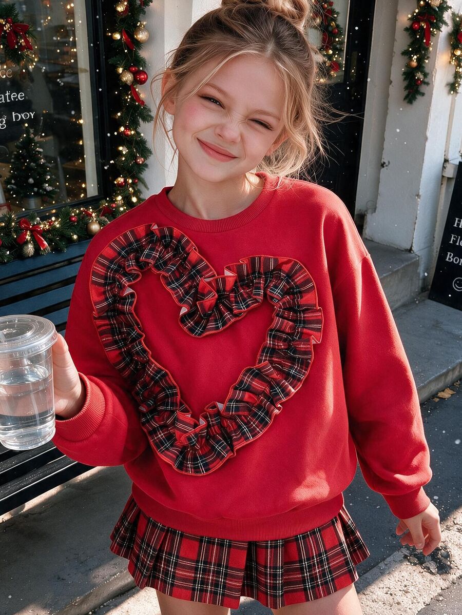 Red Crew Neck Sweatshirt With Plaid Ruffle Heart Design, Strong Layered Effect. Loose Fit Dropped Shoulder Long Sleeve In Solid Red, Unique Eye-Catching Design, Full Of Girly Charm, Suitable For Daily Wear And Holiday Outings, Easily Create A Personalized Sweet And Cool Look. - Multicolor - View 1