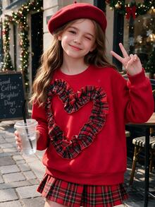Red Crew Neck Sweatshirt With Plaid Ruffle Heart Design, Strong Layered Effect. Loose Fit Dropped Shoulder Long Sleeve In Solid Red, Unique Eye-Catching Design, Full Of Girly Charm, Suitable For Daily Wear And Holiday Outings, Easily Create A Personalized Sweet And Cool Look. - Multicolor - View 7