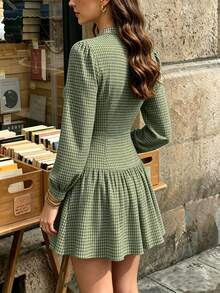 SHEIN PariChic Black White Gingham Tie Neck Petal Sleeve Slim Waist Ruffle Hem Mini Dress - Green - View 2