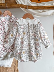 SHEIN 女嬰幼兒女童連身衣，甜美荷葉邊白色粉色花卉刺繡，波浪邊長袖彼得潘領，生日派對秋季假期公主風 - 彩色 - 查看 2
