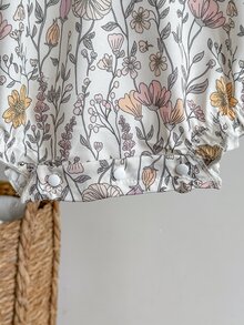SHEIN 女嬰幼兒女童連身衣，甜美荷葉邊白色粉色花卉刺繡，波浪邊長袖彼得潘領，生日派對秋季假期公主風 - 彩色 - 查看 4