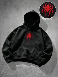Manfinity Roghcode Men's Spider Embroidery Long Sleeve Pocket Casual Drawstring Hooded Sweatshirt - Black - View 7