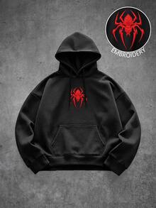 Manfinity Roghcode Men's Spider Embroidery Long Sleeve Pocket Casual Drawstring Hooded Sweatshirt - Black - View 1