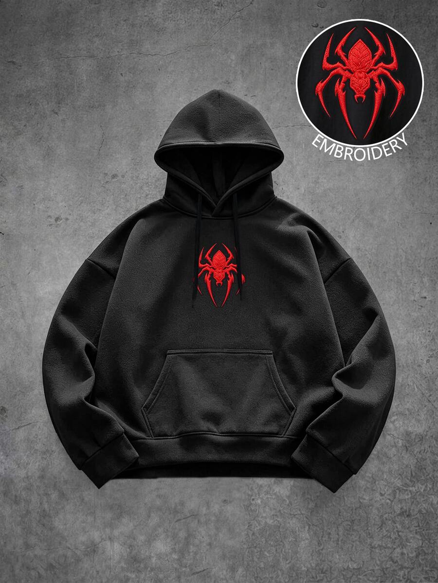 Manfinity Roghcode Men's Spider Embroidery Long Sleeve Pocket Casual Drawstring Hooded Sweatshirt - Black - View 1