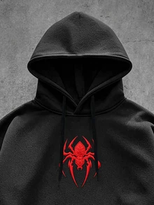 Manfinity Roghcode Men's Spider Embroidery Long Sleeve Pocket Casual Drawstring Hooded Sweatshirt - Black - View 6