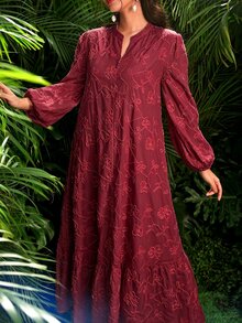 Mulvari 女款阿拉伯風洋裝，平領、鈕扣裝飾、刺繡面料、燈籠長袖與喇叭裙 - 酒紅色 - 查看 3
