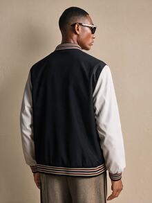 AKNOTIC Men's Letter Stripe Long Sleeve Single-Breasted Casual Baseball Jacket Halloween Christmas Winter Party Autumn - Black and White - View 3