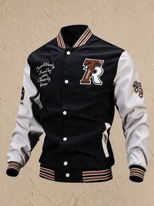 AKNOTIC Men's Letter Stripe Long Sleeve Single-Breasted Casual Baseball Jacket Halloween Christmas Winter Party Autumn - Black and White - View 8