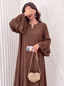 Mulvari 女款阿拉伯風甜心領紋理布料洋裝，荷葉邊飾邊、大袖口、3/4袖、大裙擺，端莊休閒冬季正式棕色 - 棕色 - 查看 1