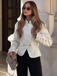 Siren Gaze Women's Stand Collar Casual French Elegant Versatile Daily Travel Long Sleeve Jacket Office White Fall - White - View 8