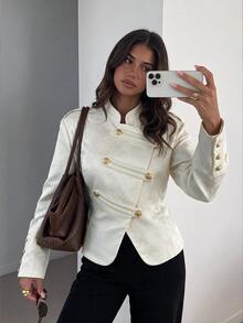 Siren Gaze Women's Stand Collar Casual French Elegant Versatile Daily Travel Long Sleeve Jacket Office White Fall - White - View 4