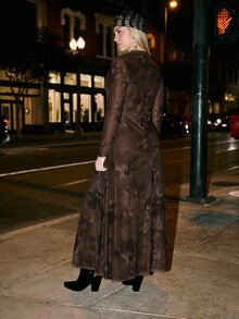 Freevana 女款大尺碼棕色長袖洋裝，彈性網紗貼身剪裁，花卉印花，透視袖，優雅派對正式穿搭，秋季服飾 - 棕色 - 查看 12