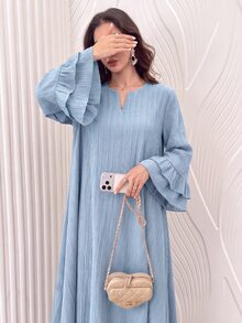 Mulvari Đầm nữ phong cách Ả Rập cổ hình thoi, vải vân nổi, tay lỡ 3/4 phối bèo cổ tay, chân váy xòe rộng - Màu xanh lam - Xem 1