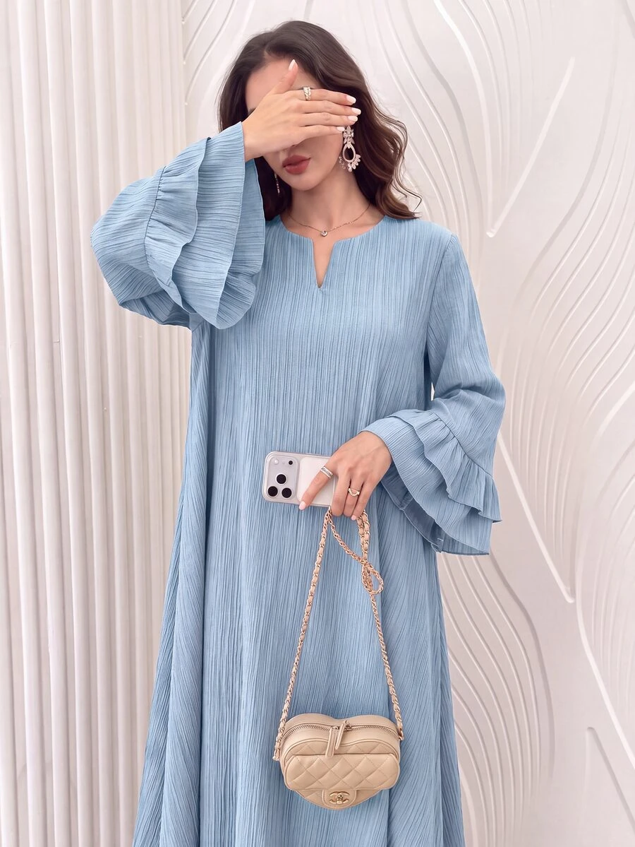 Mulvari Đầm nữ phong cách Ả Rập cổ hình thoi, vải vân nổi, tay lỡ 3/4 phối bèo cổ tay, chân váy xòe rộng - Màu xanh lam - Xem 1