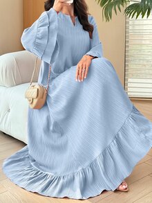 Mulvari Đầm nữ phong cách Ả Rập cổ hình thoi, vải vân nổi, tay lỡ 3/4 phối bèo cổ tay, chân váy xòe rộng - Màu xanh lam - Xem 8