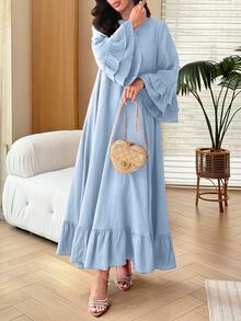Mulvari Đầm nữ phong cách Ả Rập cổ hình thoi, vải vân nổi, tay lỡ 3/4 phối bèo cổ tay, chân váy xòe rộng - Màu xanh lam - Xem 7