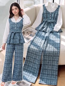 SHEIN 青少年女孩秋季套裝 2件組 白色可愛正式風 上衣圓領翻領扭腰長袖T恤＋鬆緊腰寬腿褲 禮物推薦 - 藍色 - 查看 3