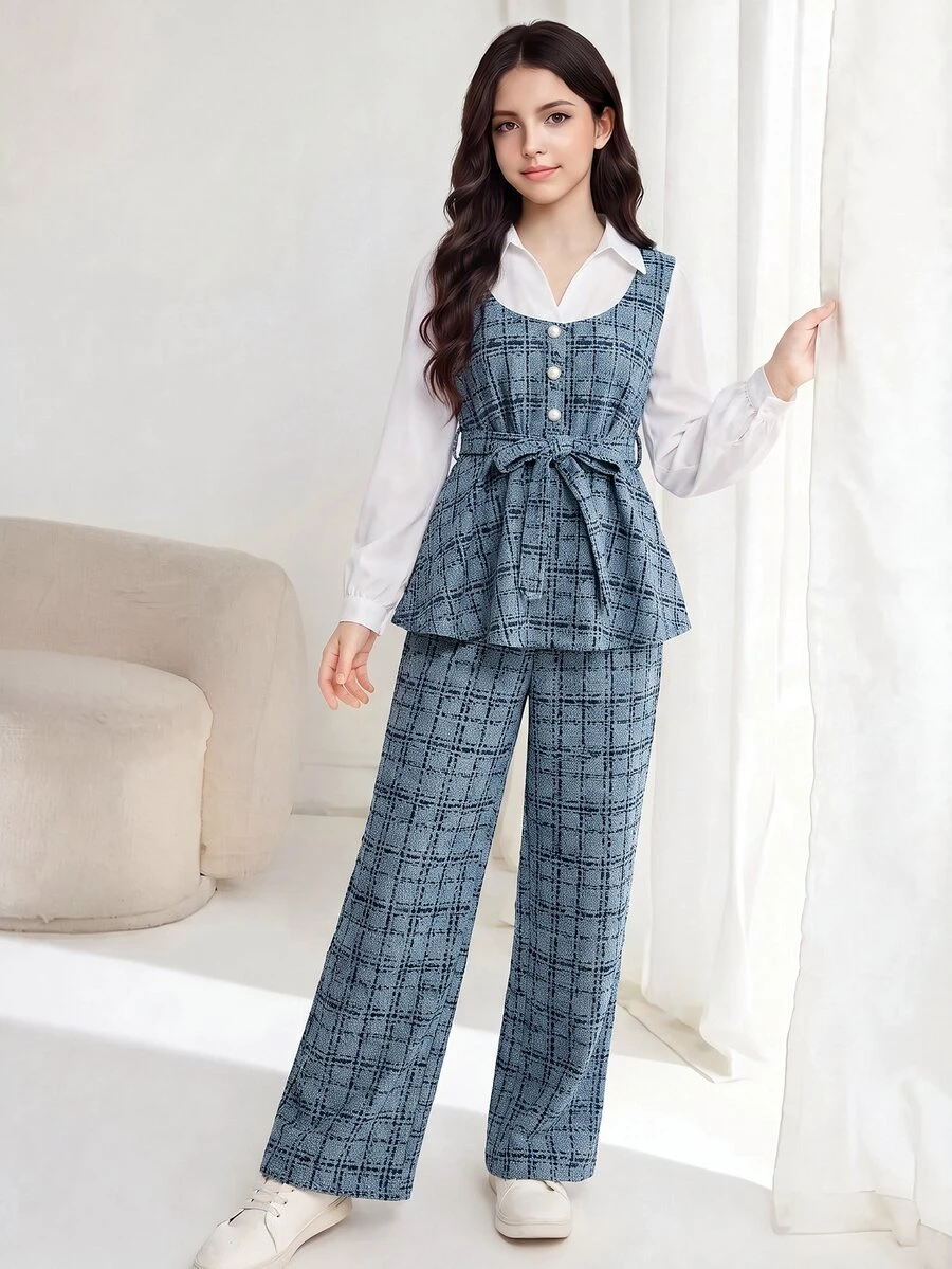 SHEIN 青少年女孩秋季套裝 2件組 白色可愛正式風 上衣圓領翻領扭腰長袖T恤＋鬆緊腰寬腿褲 禮物推薦
