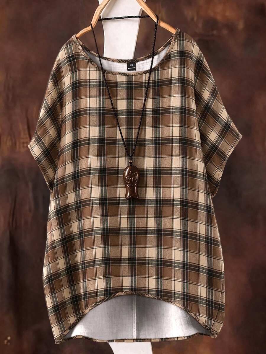Linhara Plus Size Women's Solid Color Round Neck Textured Casual Shirt - Brown - View 1