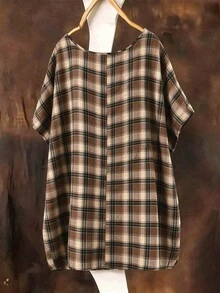 Linhara Plus Size Women's Solid Color Round Neck Textured Casual Shirt - Brown - View 2