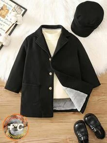 SHEIN Kids Young Boy Fall And Winter, 1pc/Set Thickened Fleece Lined Wool Overcoat - Black - View 5