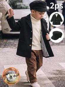 SHEIN Kids Young Boy Fall And Winter, 1pc/Set Thickened Fleece Lined Wool Overcoat - Black - View 1