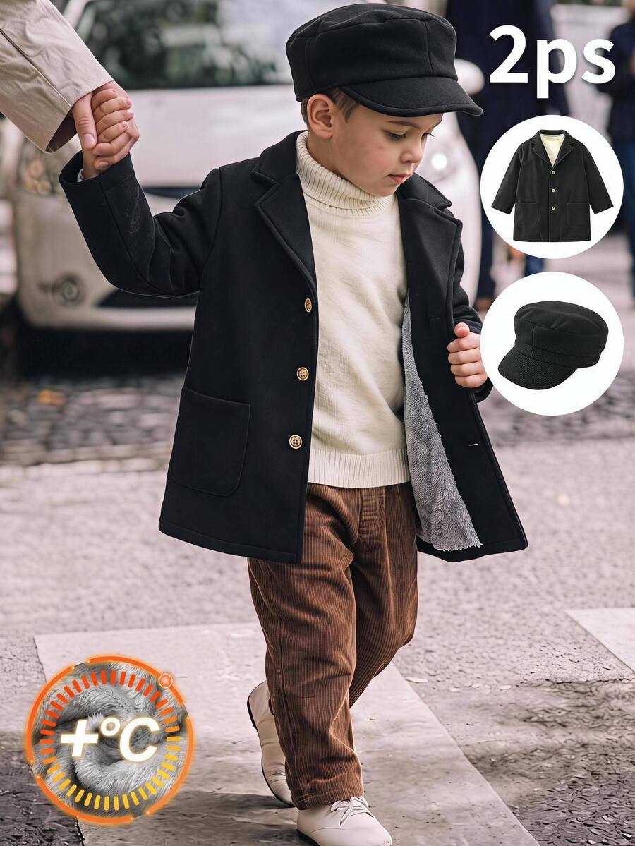SHEIN Kids Young Boy Fall And Winter, 1pc/Set Thickened Fleece Lined Wool Overcoat - Black - View 1